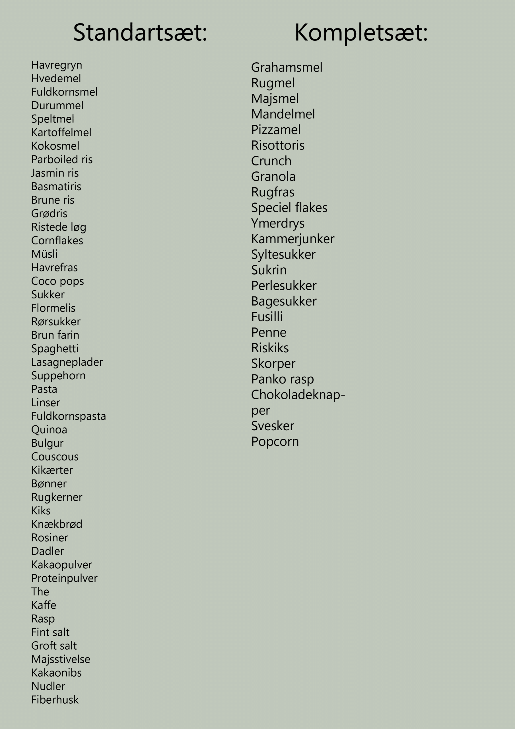 Tørvare etiketter til organisering liste over tørvare | Oversigt over tørvareetiketter i sæt – etiketter til mel, sukker, havregryn, ris, pasta og flere tørvarer