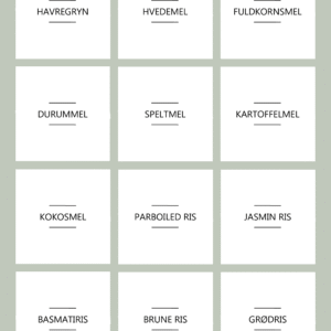 Tørvareetiketter på vandafvisende folie | Tørvareetiketter i sæt – 48 eller 72 forskellige labels til opbevaringsglas og bøtter