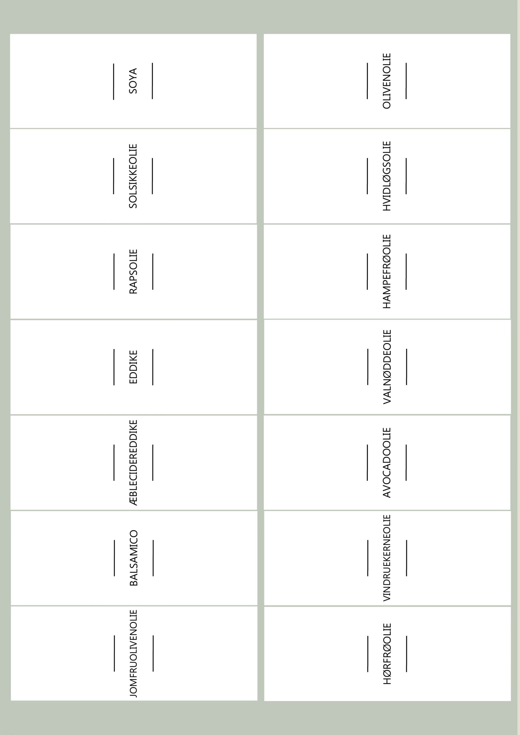 Etiketter i vandafvisende folie til olie og eddike | Etikette med teksten “Olie” til flasker.