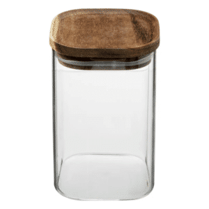 Opbevaringsglas akacietræ 1 liter | Produktbillede af et tomt firkantet opbevaringsglas med et låg lavet af akacietræ. Glasset er klart og firkantet i form, mens det runde trælåg tilføjer et stilfuldt og naturligt touch