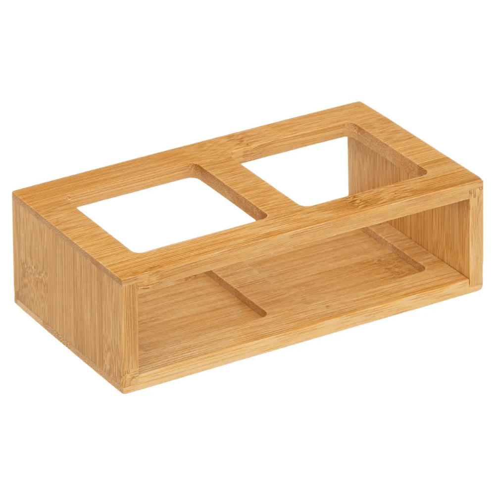 bambus holder til olie flasker | Wooden rectangular storage organizer with two square openings on top and an open lower shelf. Olie- og eddikesæt med to glasflasker placeret på et spisebord klar til servering.