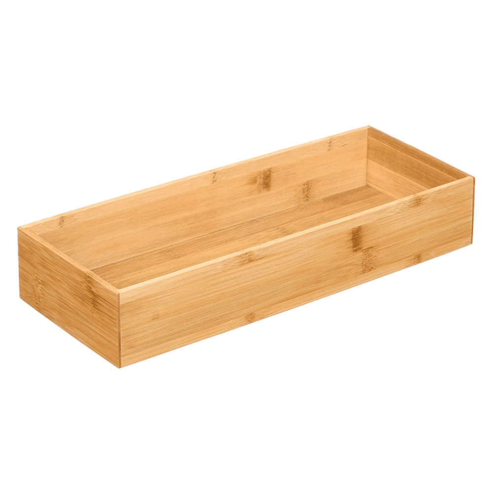 skuffebakke i bambus str l | Rectangular wooden tray or planter box with an open top and natural finish. Bambusopbevaring i form af en lang, åben trækasse på hvid baggrund.