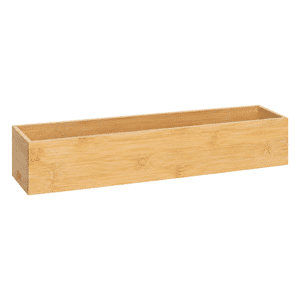 skuffebakke i bambus str m | Long rectangular wooden planter box (bamboo) for herbs or flowers, empty inside. Lys træfarvet opbevaringskasse i bambus set fra en let vinkel på hvid baggrund.