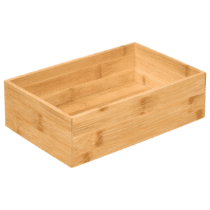 skuffebakke i bambus str s | Open-top wooden storage box with rectangular shape, light bamboo finish for organizing items, no lid. Rektangulær skuffeindsats i bambus med åben top og synlig træstruktur.