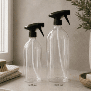 Plastflaske i klar plast sprayflaske | Klare sprayflasker i plast på 500 ml og 1000 ml med sort sprayhoved i lyst, nordisk hjem.