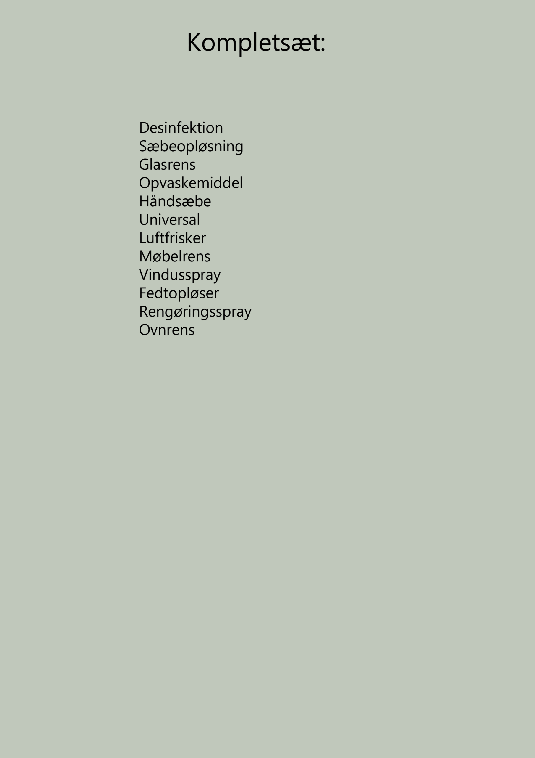 Oversigt over rengøring etiketter – indeholder navne til universalrengøring, glasrens, opvaskemiddel og afkalker