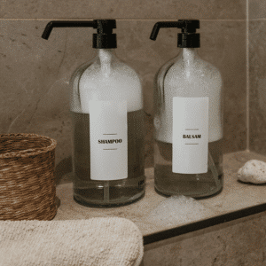 Sæbedispenser i glas med label | sæbedispenser i glas med label