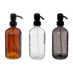 brun klar og grå sæbedispenser i glas 450 ml- | Sæbedispenser i glas med pumpe i brun, klar og grå