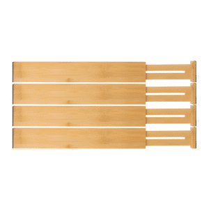 Justerbar skuffeinddeling i træ | "Justerbar skuffeinddeler med fjeder, designet til at tilpasses skuffens størrelse."