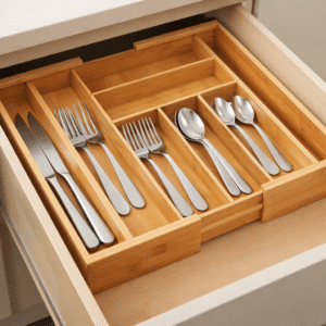 Justerbar bestikindsats i bambus placeret i åben køkkenskuffe med knive, gafler og skeer.