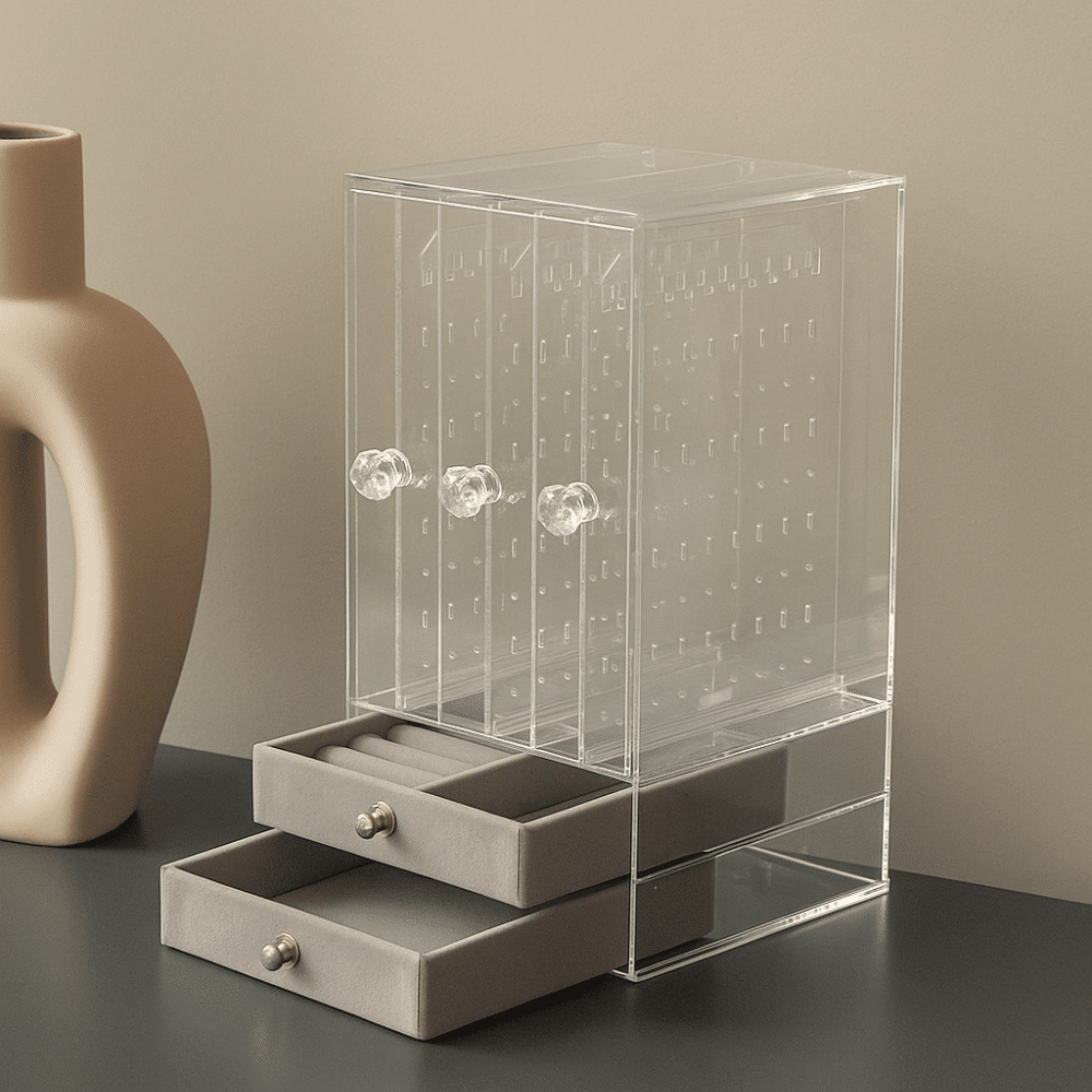opbevaring til smykker smykkestativ | Et gennemsigtigt akryl smykkestativ med grå skuffer, der indeholder guld-ringe og armbånd, placeret på et lyst træbord ved siden af en beige vase.