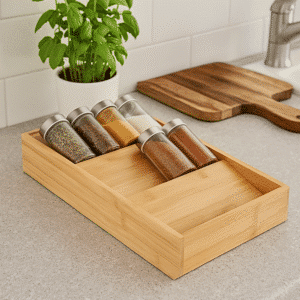 Bambus krydderibakke med seks krydderiglas placeret på en køkkenbordplade ved siden af en grøn basilikumplante.