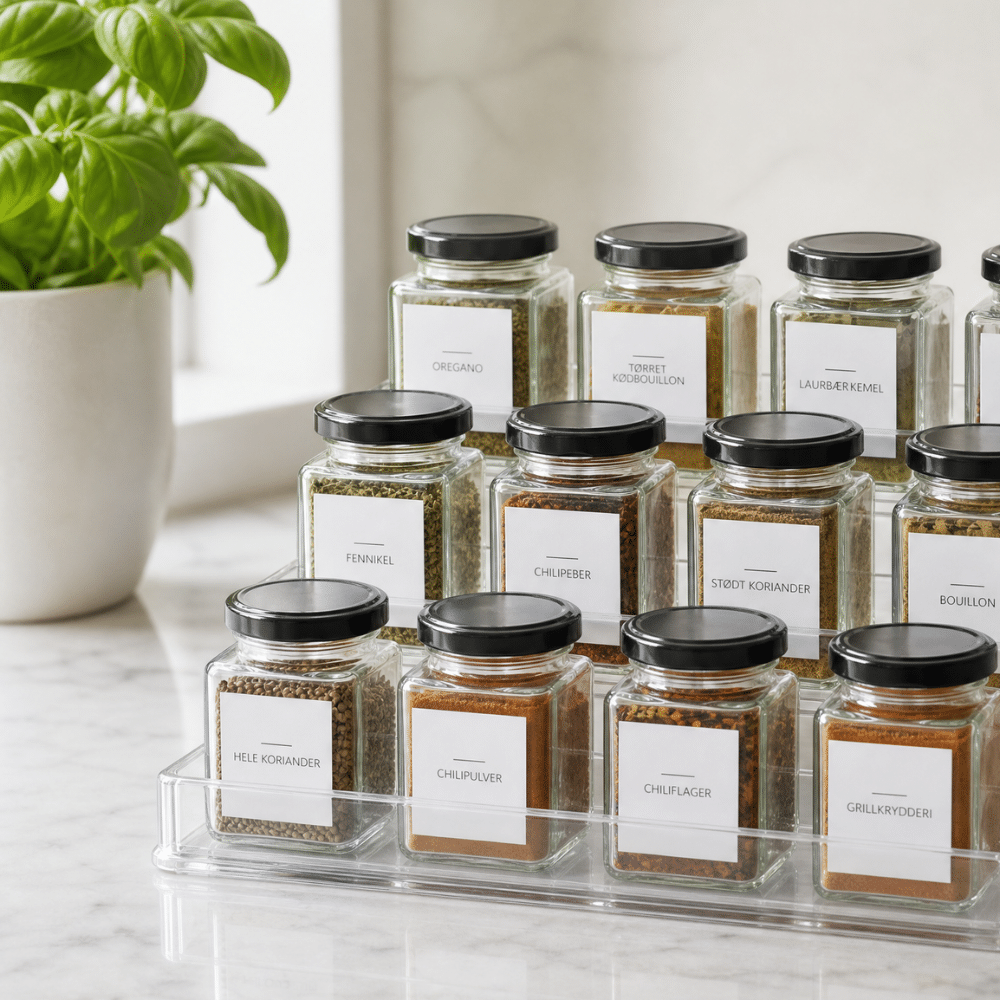 udtrækspodium til krydderiglas eller som display | Row of glass spice jars with black lids and white labels on a clear rack, next to a potted plant on a marble surface, labeled with herbs and spices in Danish/Swedish.
