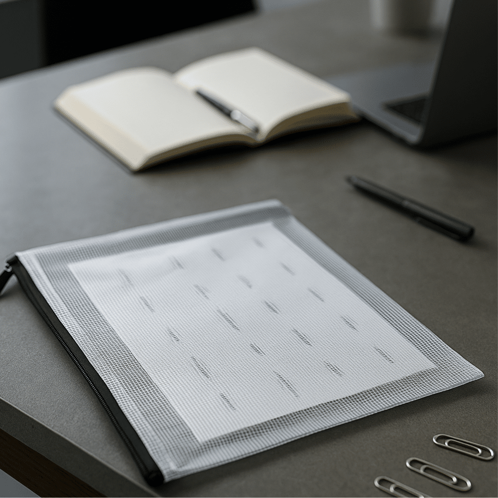 Fire genanvendelige lynlåstasker i mesh fyldt med farverigt børnelegetøj på et lyst børneværelse