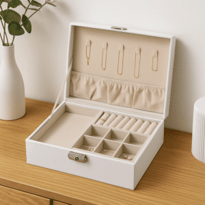 smykkeskrin i hvid med aftagelig top | Sort smykkeskrin med beige indmad og aftagelig øverste bakke, der viser ekstra opbevaringsrum nedenunder.