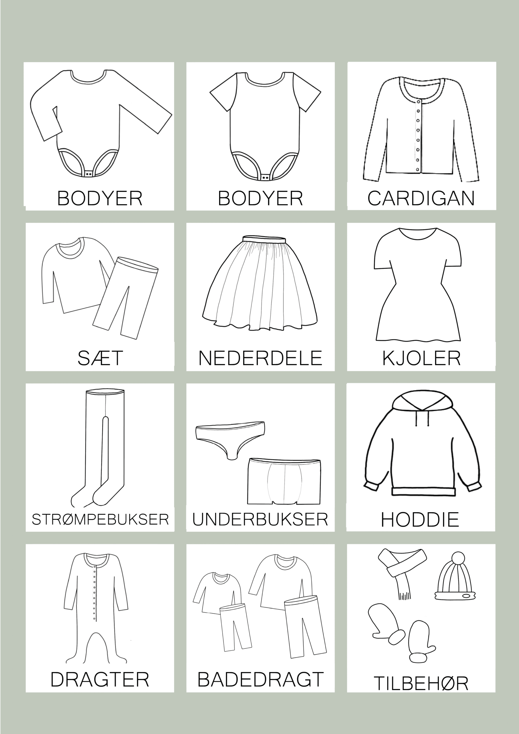 organisering med tøjpiktogrammer til organisering på børneværelset | Piktogrammer til tøj til sortering af trøjer, bukser, sokker og undertøj.