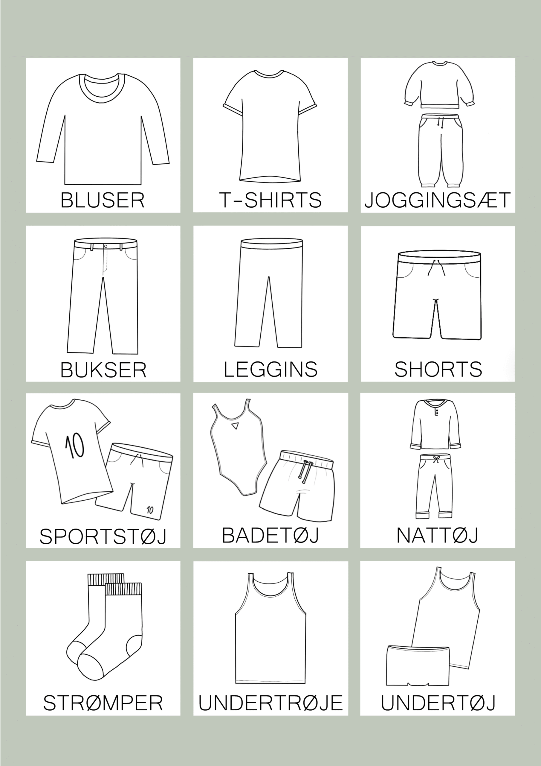 piktogrammer med tøj til organisering i garderoben | Vandafvisende etiketter med tøjikoner til kategorisering af skjorter, jakker, bukser og strømper.