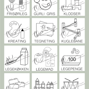 legetøjspiktogrammer sælges uden vandmærke til organisering og overblik over legetøj | Piktogrammer til legetøj til kategorisering af biler, dukker, byggeklodser og spil.