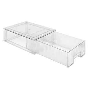 Stabelbar opbevaringskasse i plast med gennemsigtig skuffe til skabe og hylder.