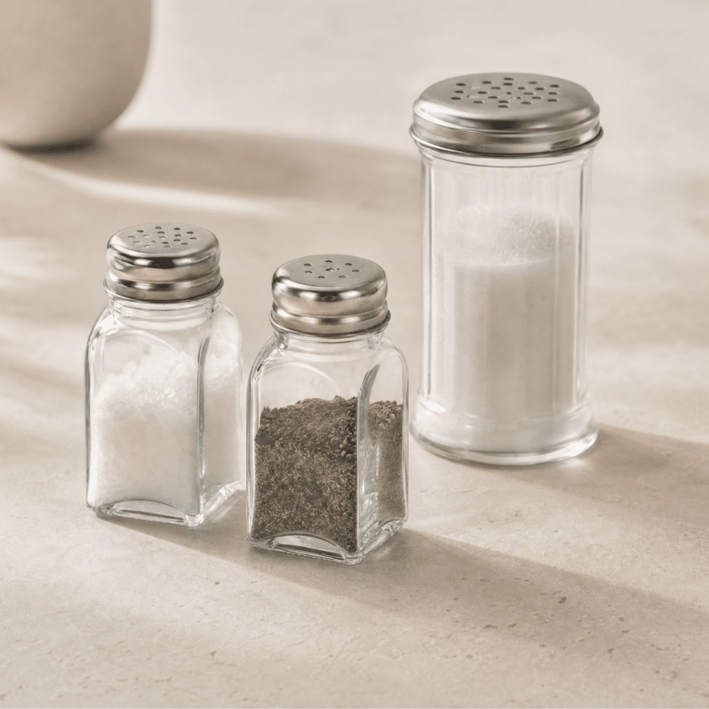 salt og peber sæt med sukkerdispenser i glas | Three glass spice shakers with metal lids on a beige countertop: salt, pepper, and sugar. Samlet sæt af salt- og pebersæt samt sukkerstrøer i glas og stål på neutral stenoverflade.