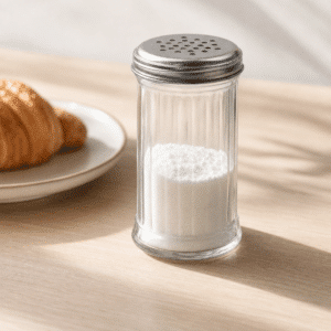 sukkerdispenser i glas med strø | Glass salt shaker with a perforated metal lid on a light wooden table, croissant on a plate nearby. Sukkerstrøer i glas med perforeret stållåg til flormelis eller sukker på træbord.