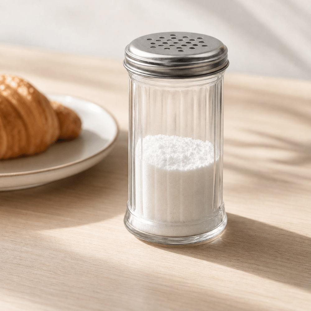 sukkerdispenser i glas med strø | Glass salt shaker with a perforated metal lid on a light wooden table, croissant on a plate nearby. Sukkerstrøer i glas med perforeret stållåg til flormelis eller sukker på træbord.