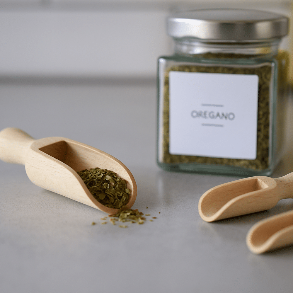 Skuffeskeer i træ tre forskellige størrelser | Tre træskeer i forskellige størrelser på en køkkenbordplade, hvor den største er fyldt med tørret oregano, med et krydderiglas i baggrunden.