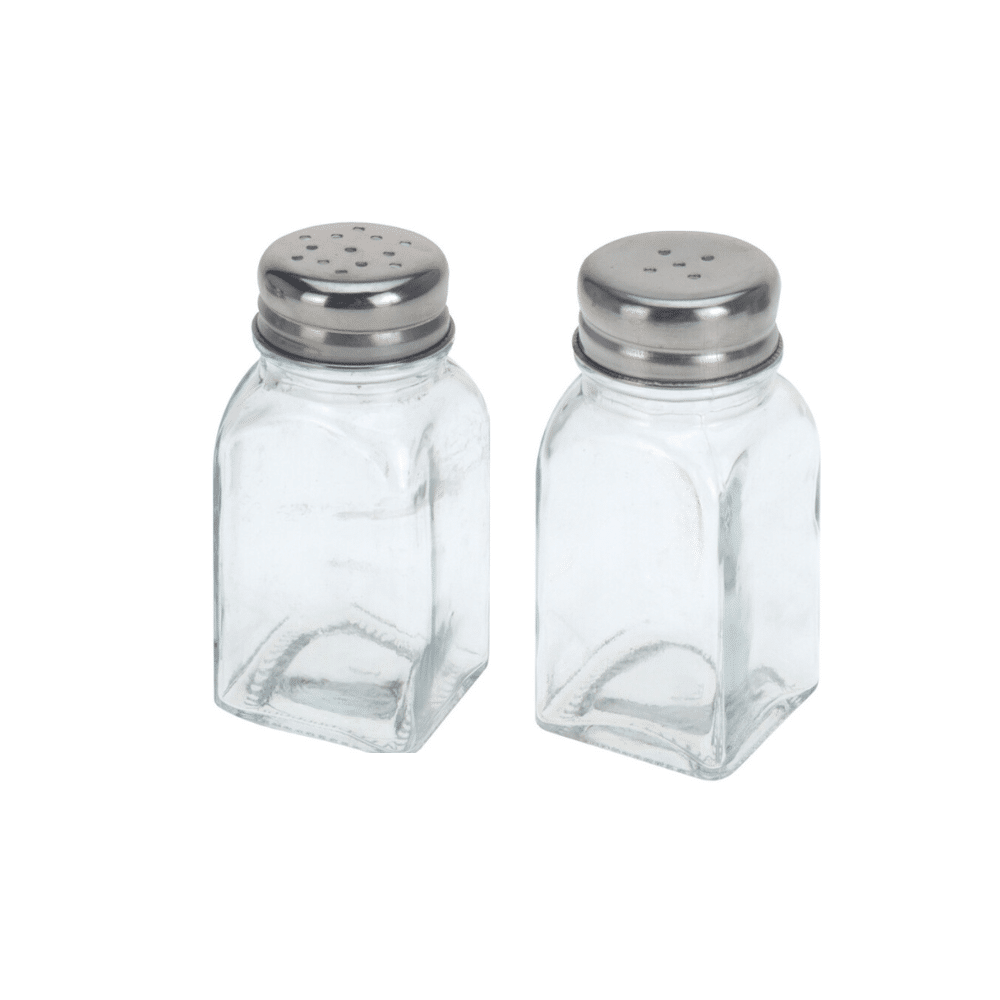 billigt salt og peber sæt til konfirmation eller fest | Salt og peber sæt i glas med metal låg til køkken og spisebord