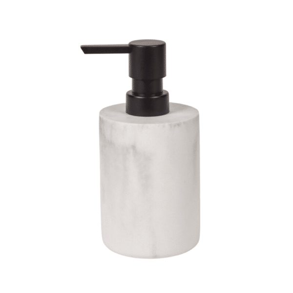 Sæbedispenser i resin i hvid marmor look.