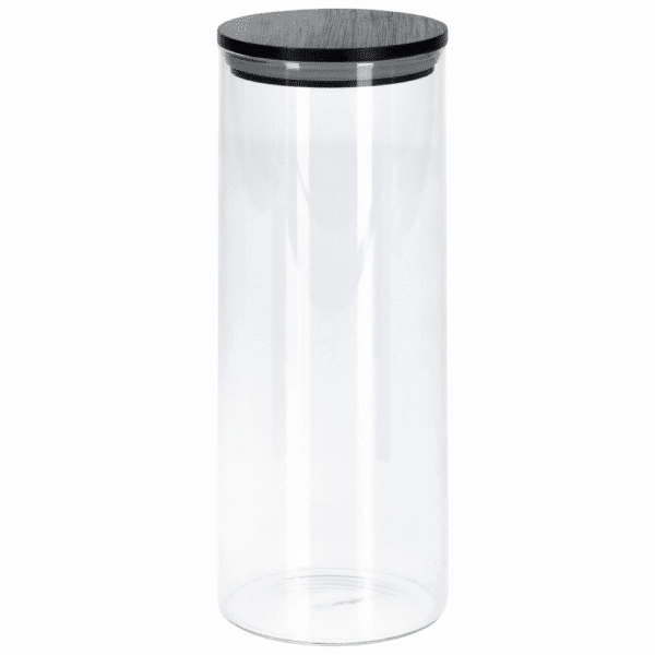 Opbevaringsglas med sort låg i bambus. rund opbevaringsglas