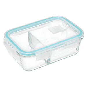 Lufttæt madbeholder med låg inddelt madkasse | Lufttæt glas madbeholder med låg, målt til 20 x 13,5 x 6,7 cm.