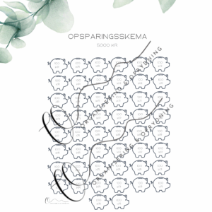 "Opsparingsskema med 50 sparegrise – farvelæg en gris for hver 100 kr. du sparer op, indtil du når 5.000 kr. i alt. Print-selv skema til økonomi og opsparing."