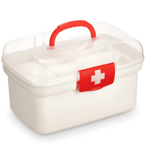 Førstehjælpskasse med håndtag i transparent-rød plast – opbevaring af plaster og bandager