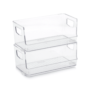 Stabelbar frontkasser til organisering | Sæt med 2 stabelbare plastkasser med åben front i transparent plast – praktisk opbevaring til køkken, kontor eller badeværelse.