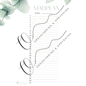 “Madplan 31 dage – print selv PDF med månedlig måltidsplan, plads til morgenmad, frokost og aftensmad, overskuelig layout til hele måneden”