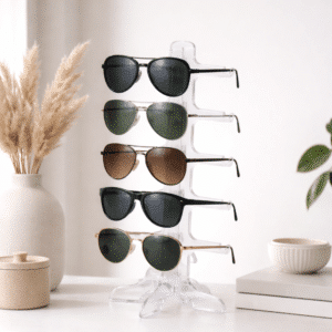 Akryl-brilledisplay i klar akryl, 6 etager, set forfra, til fremvisning af briller og solbriller.