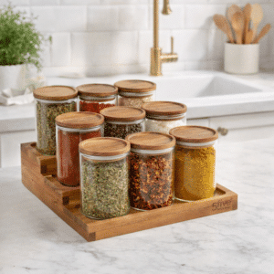 “Krydderipodium i akacietræ med 9 glas til krydderiopbevaring på køkkenhylde eller i skab”