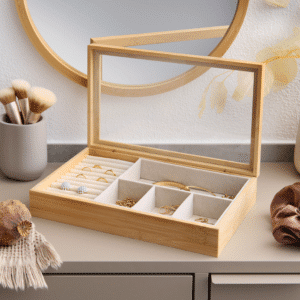 Elegant smykkeskrin i bambus, MDF og glas set forfra med åbent låg, organiseret til ringe, halskæder og armbånd.