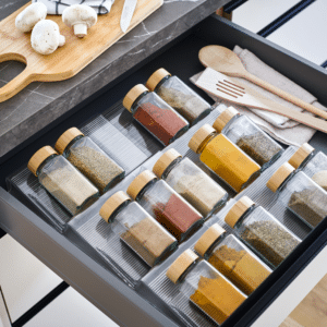 Justerbar krydderiindsats til skuffe i tom køkkenskuffe