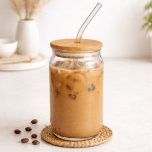 Drikkeglas med bambuslåg og sugerør | Drikkeglas med bambus låg og transparent glas sugerør, perfekt til iskaffe og kolde drikke