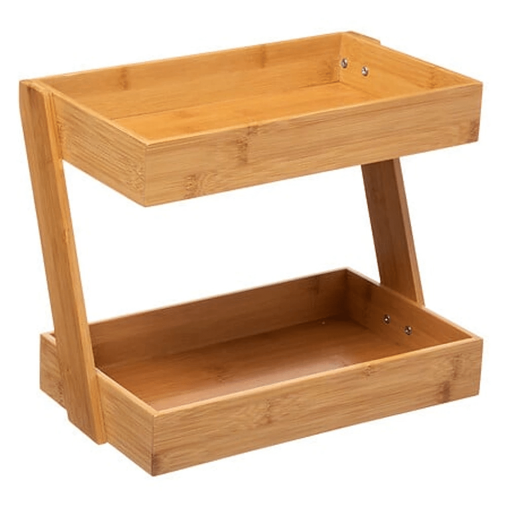 bambus opsats i to niveauer til organisering | Wooden two‑tier storage stand with open shallow trays, natural pine finish.