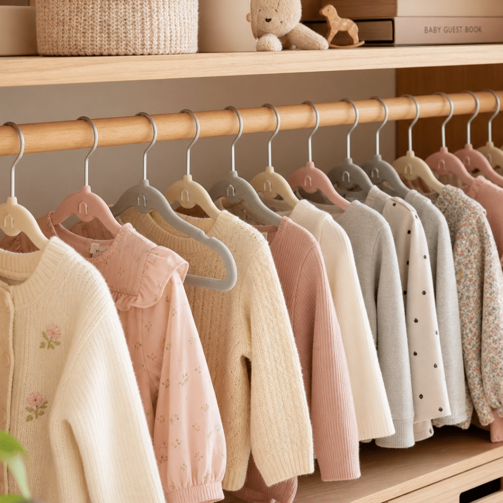 Børnebøjle i fløjl | Row of pastel kids' knit tops and dresses on a wooden closet rack, with soft pinks, creams, and grays.