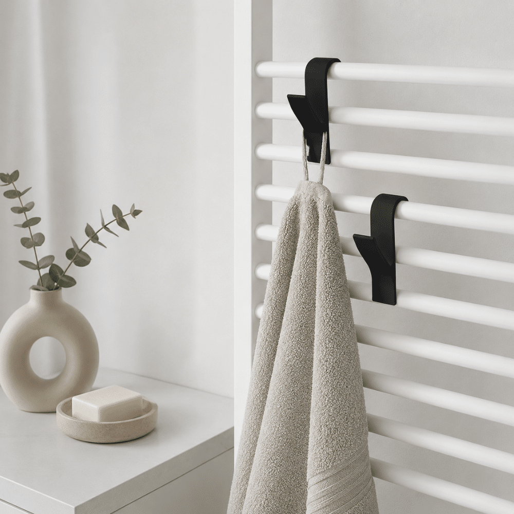 sorte kroge til at hænge på håndklæde tørrer | Nærbillede af kompakt radiatorkrog i sort design monteret på radiator