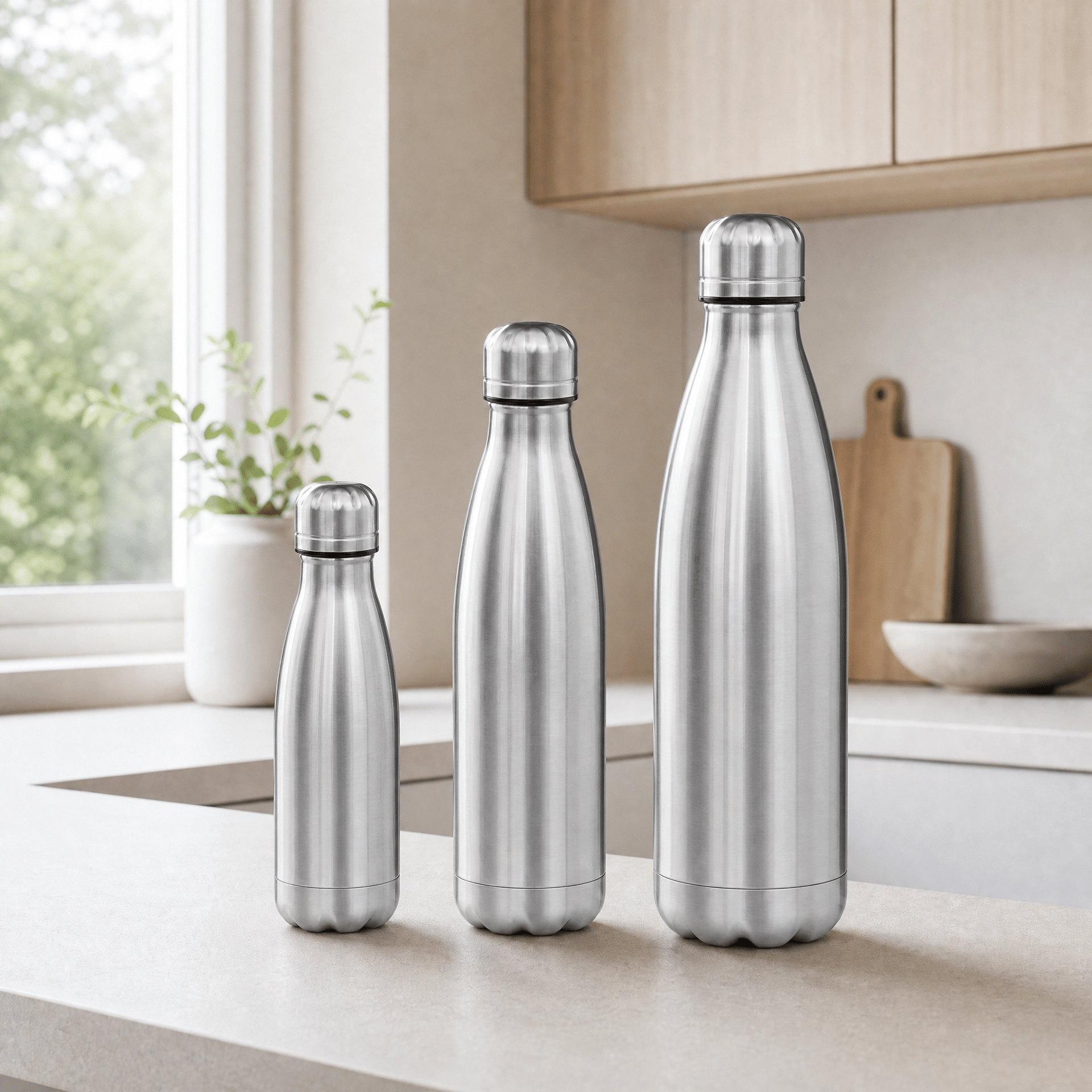 drikkedunk i alle størrelser | Termoflaske i rustfrit stål fås i 0,26 L., 0,5 L. og 1 L. – isoleret drikkedunk til varme og kolde drikke.