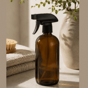 Brun sprayflaske i glas | Brun sprayflaske i ravfarvet glas med sort sprayhoved i lyst, nordisk hjem.