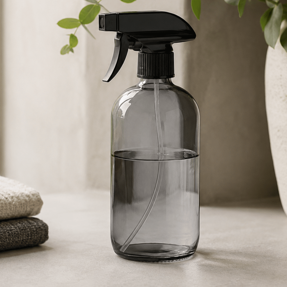 Grå sprayflaske i gråt glas | Grå sprayflaske i glas med sort sprayhoved på stilrent badeværelse med grøn plante.