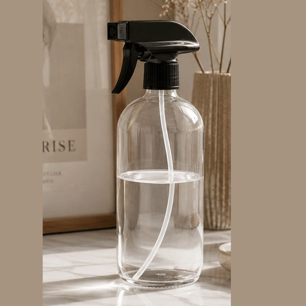 klar sprayflaske i klar glas | Klar sprayflaske i glas med sort sprayhoved på stilrent badeværelse.