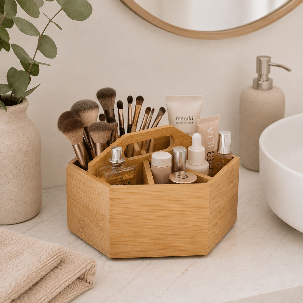 Drejefad i bambus til kosmetik | Wooden hexagonal makeup organizer holding brushes and skincare bottles on a bathroom counter. Bambus drejefad brugt som makeup organizer til kosmetik og skønhedsprodukter
