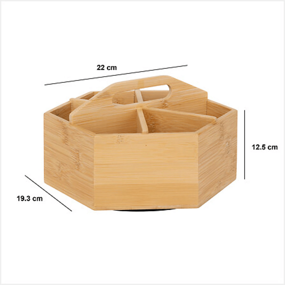 Drjeefad i bambus med rum mål | Wooden hexagonal utensil organizer with a built‑in handle and multiple compartments. Drejefad i bambus med ruminddeling der kan drejes for nem adgang til indholdet