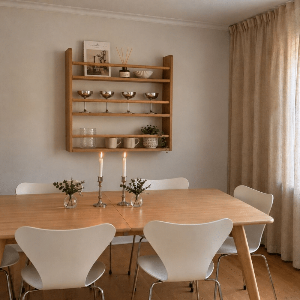 Reol til køkkenet til glas og bøger | Minimalist dining area with a wooden table, white chairs, and a wall shelf holding goblets, mugs, and a small plant.